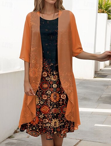  Vrouwen Midi Jurk Twee Delige Jurk Set Shift Jurk Chiffon Jurk Elegant Vintage Tribale Print Halve Mouw Crew Neck Dagelijks Oranje Zomer Lente Lose Fit