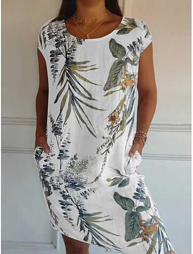  Femmes Robe Midi Robes inspirées du lin Robe Décontractée Robe en coton et lin Robe en Coton Basique Occasionnel Vacances Quotidien Coupe régulière Fleuri Manche Courte Col ras du cou Blanche Bleu