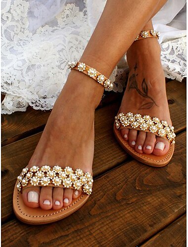  Boho-Chic-Flachsandalen mit Blumenperlen und Knöchelriemen für Sommeroutfits und Hochzeiten für Damen