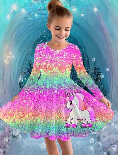  Dziewczyny ' 3D Graficzny Jednorożec Sukienka Długi rękaw Lato Wiosna Urlop Codzienny Święto Księżniczka Piękny Słodkie Dzieci 4-12 lat Codzienne sukienki Sukienka A line Do kolan Regularny