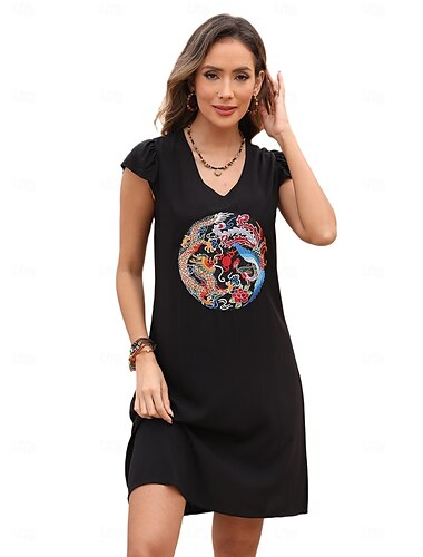  Valentinstag Damen Normal Minikleid Boho Chic Kleider A Linie Kleid Böhmen Stilvoll Klassisch Kappe Kalte Schulter Urlaub Party Täglich Formschluss Geometrisch Glatt Ärmellos V Ausschnitt Schwarz