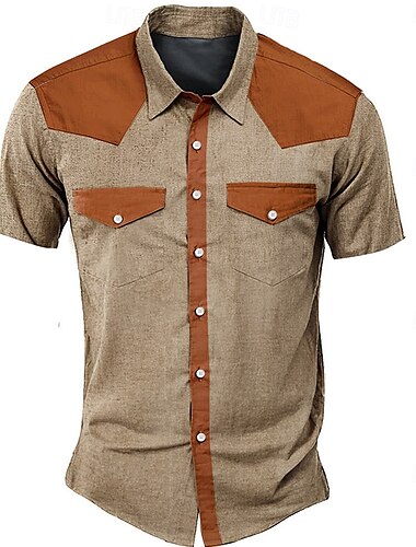  Herren Kuh Westernhemd Kurzarm Western Sports Outdoor Sommer Umlegekragen Knopf hoch 2 Taschen Schwarz Blau Beige