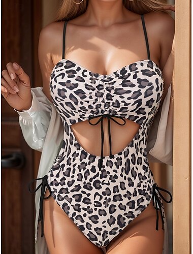 Dames Zwemkleding Een stukje Monokini Zwempak Blote rug Buikcontrole Hoge taille Slank Vakantie Strand Kleding Luipaard V-hals Mouwloos Badpakken
