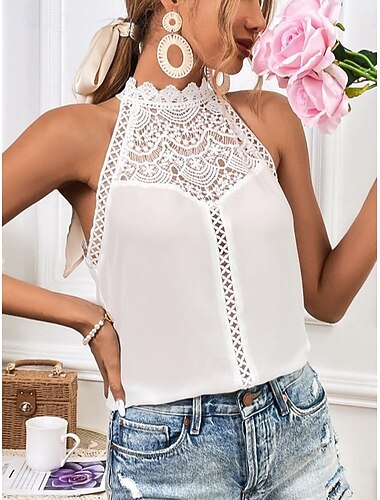  Camisola feminina regata cor sólida estilosa casual sem mangas decote redondo tops regulares trabalho diário sair renda preta branca verão primavera