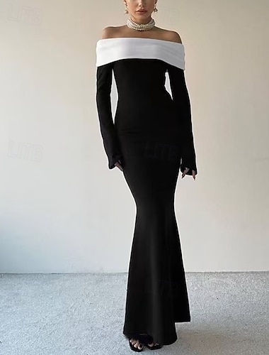 Hableány  Trombita Estélyi Ruha Elegáns Ruha Estélyi Party Fekete Nyakkendős Gála Hosszú Hosszú Ujjú Zubbony Nyakú Wednesday Addams Család Pamut Keverék Hátlap nélküli Nyomtatott