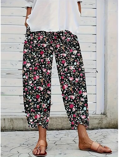  Dam Shorts i bomullslinne Linneinspirerade byxor Byxor av linne i bomull Mode Streetwear Ankellång Hög midja Grafisk Ficka Elastiskt midjeband Bekväm Mjuk Microelastisk Utomhus Gata Gul Rosa Sommar