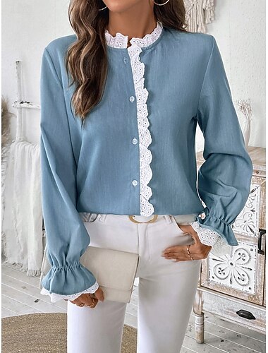  Per donna Camicia Blusa Tinta unica Moda Informale Manica lunga A collo alto Top regolari Giornaliero Pizzo Collage Blu Estate Primavera
