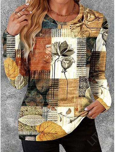  Women's T Shirt Floral Geometry Casual Long Sleeve Crew Neck Regular Tops Daily Print Khaki Spring Fall