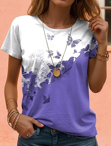  Damen T Shirt Blumen Lässig Kurzarm Rundhals Normale Oberteile Täglich Druck Schwarz Rote Purpur Braun Grün Sommer