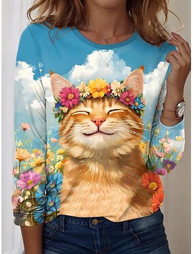  女性用 Tシャツ フラワー 猫 カジュアル 長袖 クルーネック レギュラートップス 日常 プリント ブルー 春 秋