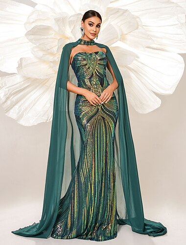  robe de soirée sirène / trompette robe élégante soirée carnaval longueur au sol sans manches avec cape en mousseline de soie chérie avec paillettes 2025