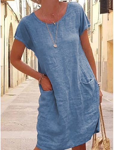 Femmes Mini Robe Robes en coton et lin Robe Décontractée Robe T-Shirt Basique Occasionnel Vacances Quotidien Coupe régulière Uni Manche Courte Col ras du cou Noir Bleu Kaki Gris Été