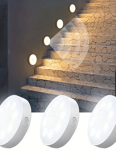  Luces de paso con sensor de movimiento, 3 piezas, lámparas de noche regulables recargables por USB con 8 LED para armario y dormitorio & baño