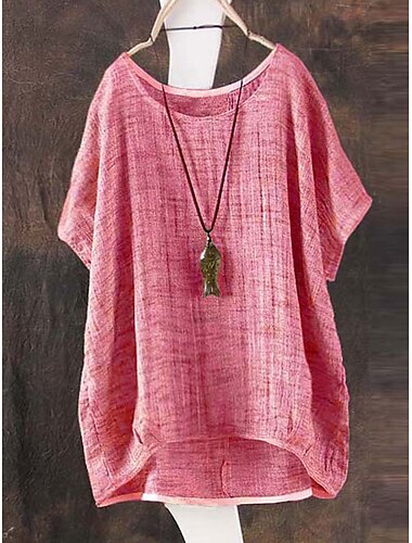  Damen Leinen-inspirierte Hemden Bluse Einfarbig Täglich Stilvoll Retro Vintage Kurzarm Langarm Rundhalsausschnitt Normale Oberteile Täglich Rosa Grün Khaki Sommer Frühling