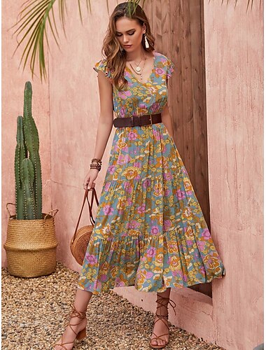  Damen kleid lang Casual kleid Elegant Brautkleider schlicht Heim Party Arbeit Regular Fit Ditsy Blumig Kurzarm V Ausschnitt Orange Sommer Winter