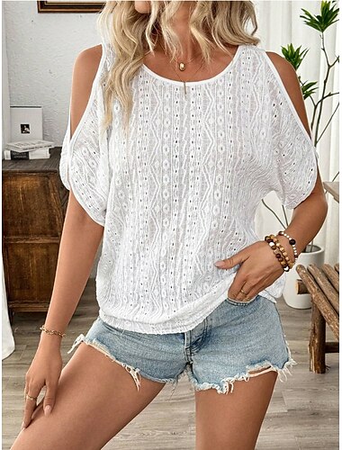  Top in pizzo bianco elegante da donna camicetta di pizzo casual tinta unita top regolari mezze maniche scollo giro vestibilità ampia top romantici da indossare quotidianamente petite abbigliamento