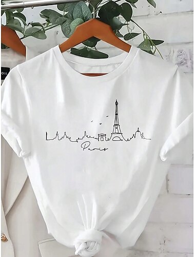  Femme T shirt Chemise en coton Lettre Décontractées Manche Courte Col Rond Hauts réguliers du quotidien Imprimer Noir Blanche Eté