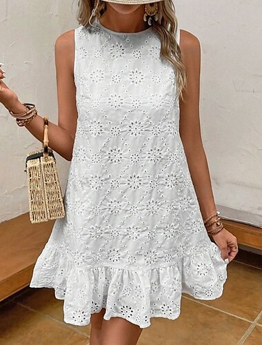  Mujer Mini vestido Vestidos inspirados en el lino Vestido blanco Vestido informal Vestido de lino de algodón Elegante Casual Vacaciones Diario Cita Ajuste regular Plano Sin Mangas Cuello Barco Blanco