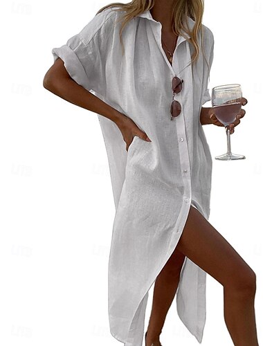  Femmes Robe Midi Robes en coton et lin Robe Chemise Robe trapèze Élégant Occasionnel Vacances Quotidien Date Coupe Ample Uni manche longue Col de chemise Blanche Rose Claire Été Printemps Automne