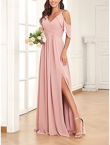  Sukienka dla Druhny A-Linia Dekolt w Serek  Ramiączka Krótki Rękaw Elegancka Długości Podłogi Chiffon z Rozcięciem Z Przodu/Ruchami