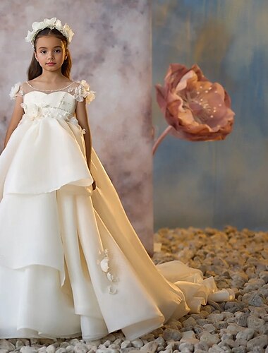  Flower Girl Dress Girls' Formal Dress First Communion Dress Party Dress Wedding Party Princess Sweet Christmas Carnival Ruched Solid Color Strapless Crew Neck White Purple 4 years+