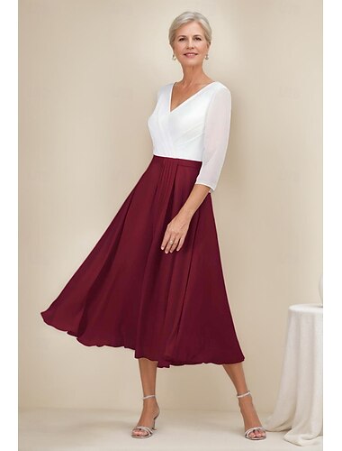  Kleid für die Mutter der Braut, Strandhochzeit, A-Linien-Kleid mit Falten, elegant, schlicht, V-Ausschnitt, wadenlang, Chiffon, 3/4-Ärmel, mit Spitze, einfarbig, 2025