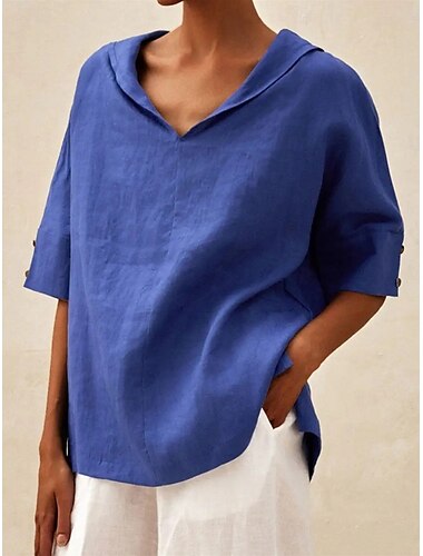  Dames Overhemd Blouse Katoenen linnen overhemden Effen Kleur Basic Casual 3/4 mouw Capuchon Normale tops Dagelijks Knop Wit blauw Zomer