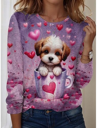  La Saint-Valentin Femmes T-shirt Chien Occasionnel Manche Courte Col rond Hauts Réguliers Quotidien Imprimé Violet Été