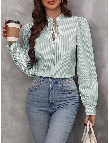  Women's Shirt Blouse Striped Stylish Casual Long Sleeve V Neck Regular Tops Work Daily Going out Patchwork Pink Blue Green Khaki Summer Spring Fall