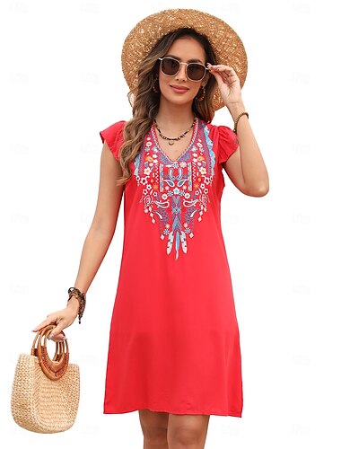 Ystävänpäivä Naisten Normaali Mini mekko Boho Chic Mekot A linjainen mekko Boho-mekko Böömi Tyylikäs Klassinen Holkki Kylmä olkapää Loma Juhla Päivittäin Muotoon sopiva Geometrinen Tavallinen Hihaton