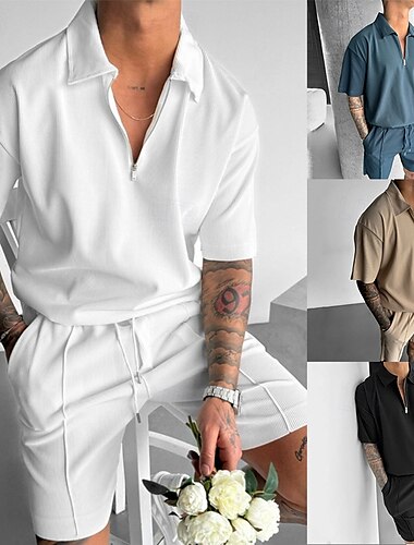  Hombre Trajes de camiseta Chándal Camiseta de tenis Conjunto de pantalones cortos y camiseta Mangas cortas Cuello de polo Cremallera de un cuarto Verano Color sólido Ropa de Gimnasia Casual