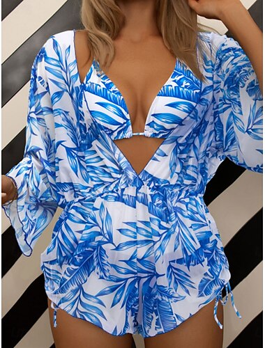  Femme Maillots de Bain Bikinis Trois pièces Slip Brésilien Maillot de bain Taille haute Mince Vacances Tenues de plage Graphic Col V manche longue Maillots de bain