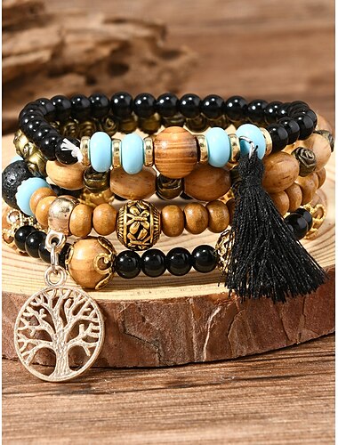  Vintage-Stil Kugel Modisch Personalisiert Holz Armband Schmuck Schwarz / Weiß / Rosa Für Festtage
