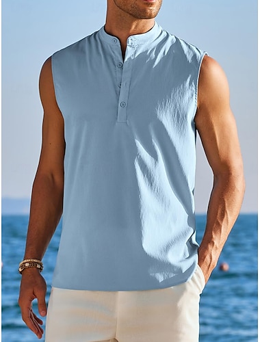  Hombre camisa de lino Camiseta sin mangas Henley Shirt Top Sin Mangas Henley Verano Plano Moda Design Músculo Botones Exterior Noche Gimnasia Negro Blanco Azul Marino Camiseta superior para hombre