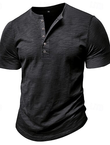  100 % Baumwolle, Henley-Shirt für Herren, kurzärmelig, einfarbig, schlicht, klassischer Stil, Knöpfe, Henley, lässig, täglich, Sommer, Frühling &Herbst schwarz weiß hellblau Henley T-Shirt