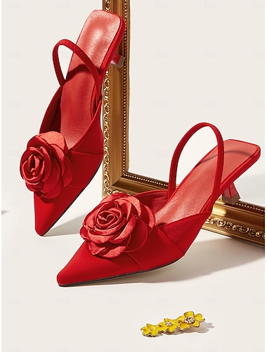  Zapatos de tacón con tira trasera y punta puntiaguda de satén rojo con decoración de rosas para mujer: ideales para bodas y eventos de verano