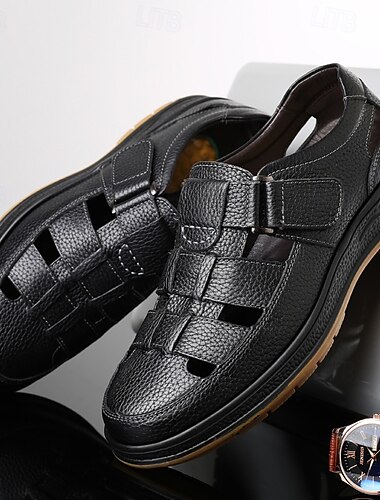  Schwarze Kunstledersandalen für Herren – atmungsaktives Cut-Out-Design mit verstellbarem Riemen, strapazierfähige Sommerschuhe für Freizeit- und Outdooraktivitäten
