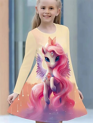  Κορίτσια » 3D Γραφική Μονόκερος Φόρεμα Μακρυμάνικο Καλοκαίρι Άνοιξη Διακοπές Καθημερινά Αργίες Πριγκίπισσα Πανεμορφη Γλυκός Παιδιά 4-12 χρόνια Καθημερινό φόρεμα Φόρεμα σε γραμμή Α Ως το Γόνατο
