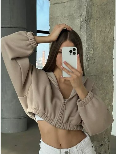  Damen Normal Hoodies mit Reißverschluss Sweatshirts mit Reißverschluss Glatt Klassisch Brautkleider schlicht Boho Langarm Mit Kapuze Crop Tops Strasse Casual Ausgehen Schwarz Dunkelpink Blau Purpur