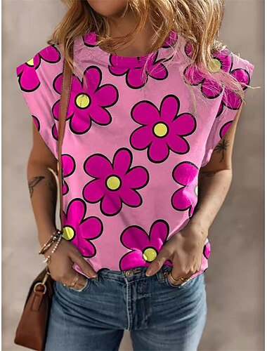  Mujer Camiseta Floral Moda Moderno Casual Sin Mangas Cuello Barco Tops regulares Diario Noche Fin de semana Rosa Verano Primavera