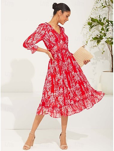  Damen Maxidress Schaukelkleid Elegant Kuschelig Stilvoll Geteilte Ärmel Urlaub Regular Fit Blumen Langarm V Ausschnitt Rote Sommer Frühling