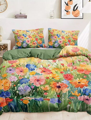  3-teiliges Bettwäscheset aus 100 % Baumwolle mit farbenfrohen Tintenblumen für Hotelschlafzimmer, Gästezimmer, bequemes Hotelbettwäscheset, 1 Bettbezug, 2 Kissenbezüge, Bettset
