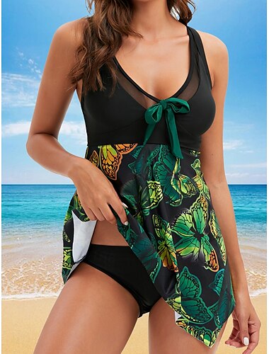  Damen Badebekleidung Swimdresses 2-teiliger Tankini Badeanzug Rückenfrei Slim Urlaub Strandbekleidung Schmetterling V-Ausschnitt Ärmellose Bikinis