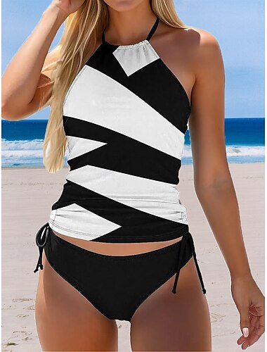  Maillots de bain pour femmes Tankini 2 Pièces Maillot de bain coquin sans dos Vacances Plage Vêtements Bloc de couleur Col halter Sans manches