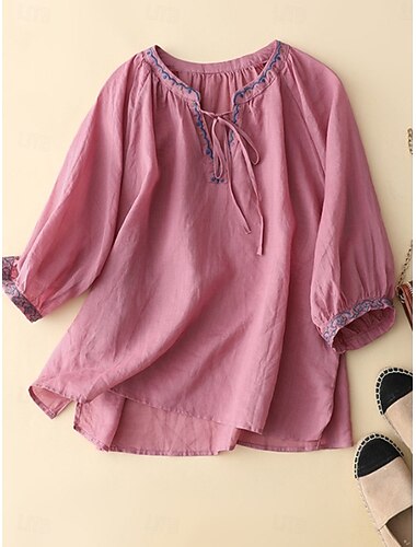  Dame Skjorte Skjorter i bomuld Bluse Broderi Vanlig Stilfuld Afslappet 3/4-ærmer V-hals Almindelige toppe Daglig Hvid Rød Grøn Sommer Forår Efterår