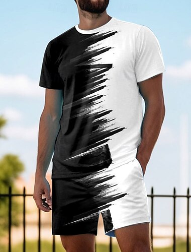  Per uomo Geometrico 2 pezzi Set di magliette Set abbinati Manica Corta Pantaloni corti Girocollo Canotta sportiva Casual All'aperto Vacanza Quotidiano Coulisse Girocollo Stampato Estate Nero / Bianco