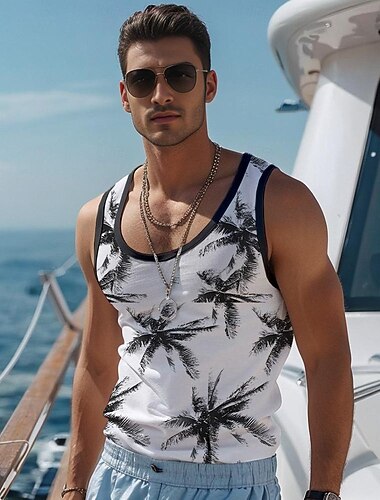 男性用 ココヤシ Tシャツ ベストトップ ノースリーブ Tシャツ 3Dプリント クルーネック シャツ 旅行度假风 カジュアル ハワイアン 祝日 ブラック イエロー ブルー 夏 春 衣類 S M L XL XXL XXXL