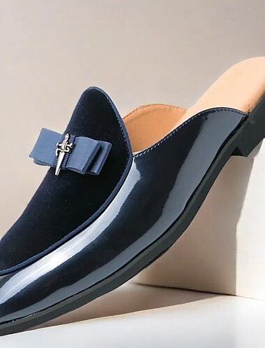  mocassins mules en velours et cuir verni pour hommes – modèle à enfiler avec nœud décoratif pour événements formels et en soirée