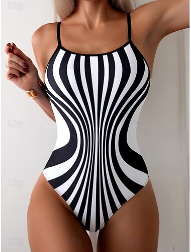  Dames Zwemkleding Een stukje Monokini Zwempak Blote rug Buikcontrole Hoge taille Slank Vakantie Strand Kleding Streep Halternek Mouwloos Badpakken