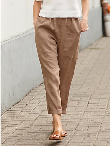  Damen Hose aus Baumwollleinen Chinos Mode Streetwear Volle Länge Hohe Taille Einfach Tasche Elastischer Bund Bequem Weich Mikroelastisch Outdoor Straße Weiß Rote Khaki Sommer Frühling Normale Passform